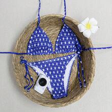 Popular Ruched Leopard Print Halter Two Pieces Bikini, European Tie-Strap Swim Set, Year-Round Bestseller For Beach Parties - Royal Blue Background With White Stars - View 6