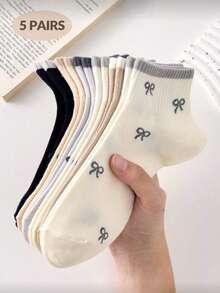 5 Pairs Women's Cute Breathable Bow Pattern Short Socks, Simple Comfortable Boat Socks, White And Black, Suitable For Daily Casual Wear In Autumn/Winter And All Seasons - Multicolor - View 2