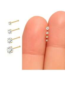 EleRunis 1pc 925 Sterling Silver Classic 2/3/4/5mm 4-Prong Design Nose Stud, Lightweight Delicate Earrings Studs Suitable For Women's Daily Wear - Gold - View 3