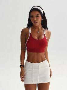 Women's Yoga Sports Bra Sleeveless Cropped Activewear Top, Elastic Fitness Workout Top, Breathable - Red - View 6