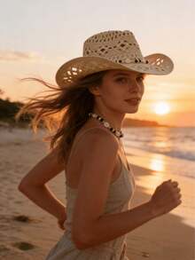 1pc Boho Shell Hollow Out Straw Sun Hat, Western Cowgirl Beach Hat, Suitable For Mother's Day, Easter, Vacation, Photo Shoot - 香檳色 - 查看 2