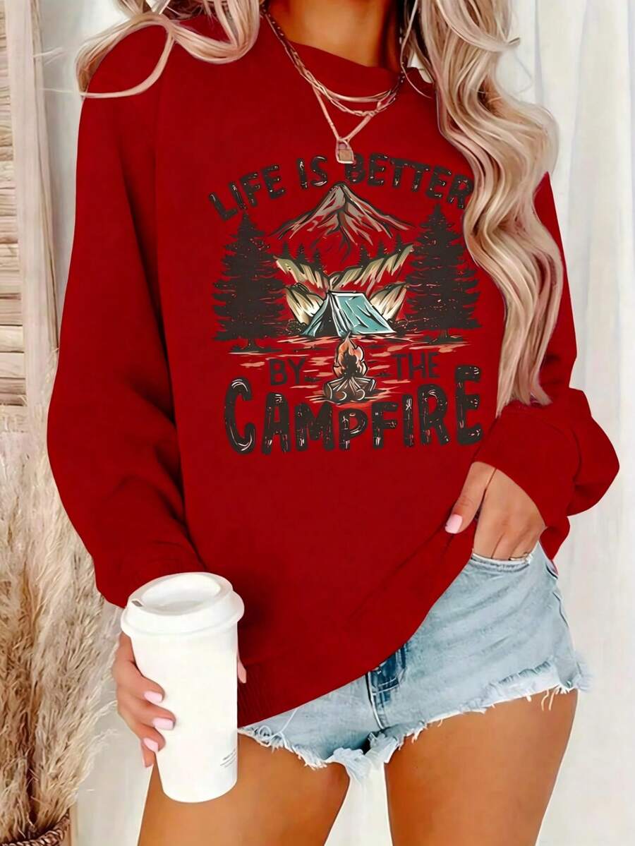 Suéter gráfico de campamento para mujer - "La vida es mejor junto a la fogata" Diseño de moer de cuello redondo cálido para otoño e invierno, elasticidad media, suéter casual, lavable a máqu - Rojo - Ver 1