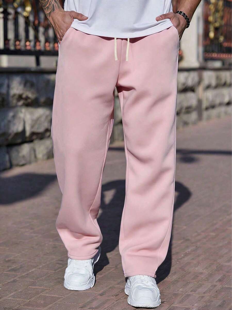 Men's Loose Straight Leg Sweatpants With Drawstring, Gray, Casual Pants For Autumn/Winter