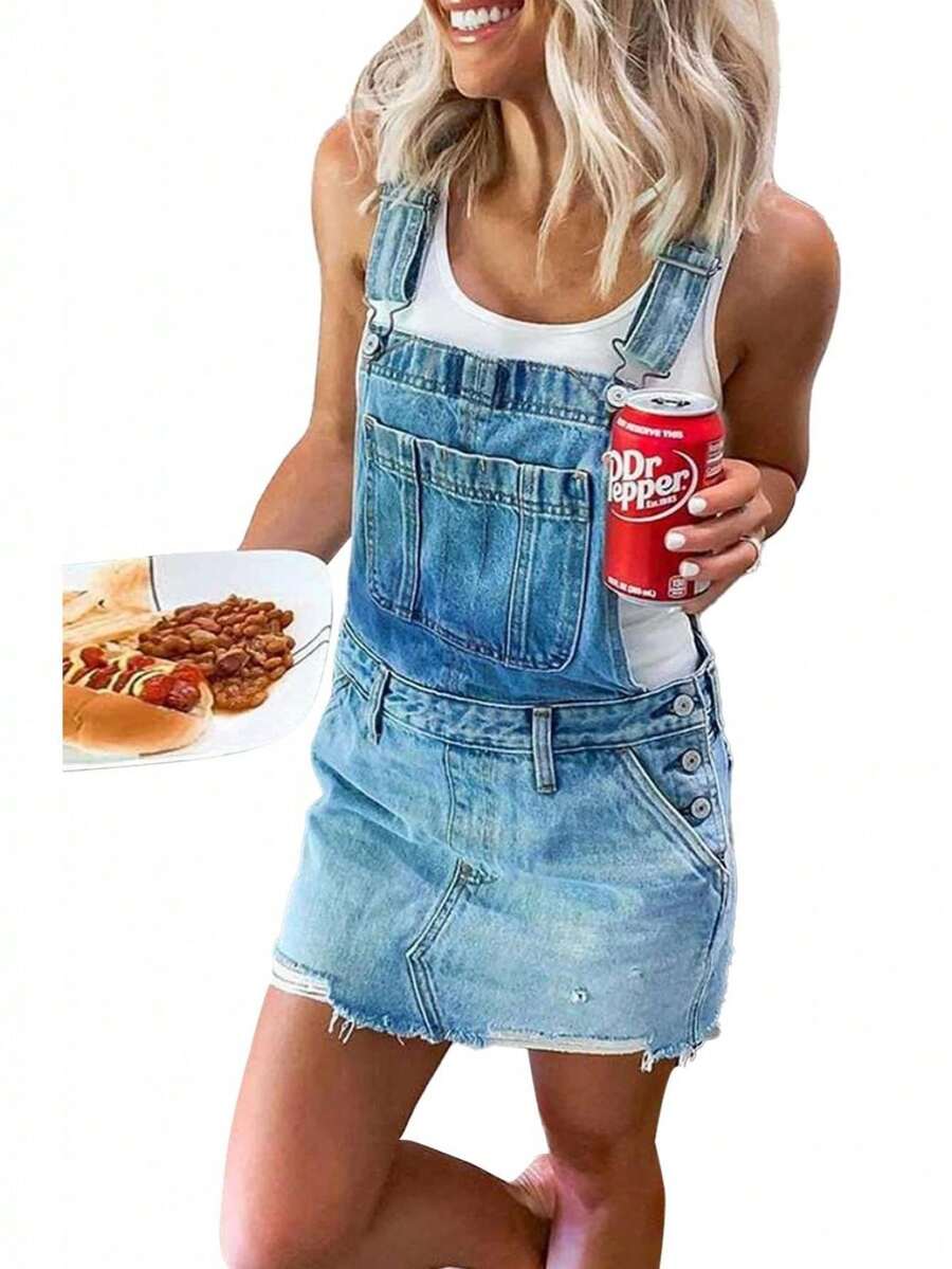 Denim Overalls Mini Dress For Women High Stretchy Adjustable Strap Jean Short Dress With Pockets, Solid Color/Camouflage/4th Of July USA Flag Print Sleeveless Suspender Dress - Màu xanh lam - Xem 1