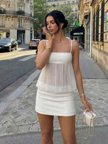 HoloChill Women's White Knit Camisole Dress, Casual Sleeveless Square Neck Short Style With Ruffle Hem Detail, Women's Summer Dress, Holiday Dress, Elegant Party Dress, Women's Beach Dress, Wedding Guest Dress, Women's Birthday Dress, Women's Graceful Dress, Women's Beach Vacation Dress, Women's Casual Dress - White - View 9