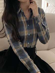 Nouvelle arrivée Chemise-veste à carreaux bleus, cardigan ample et fin, décontracté, convient pour le printemps - Bleu azur - Voir 4