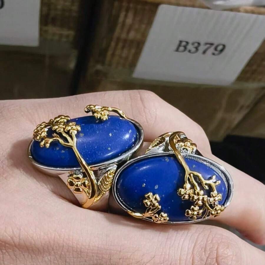 復古橢圓形合成綠松石花卉戒指,優雅女性個性化飾品,精緻節日禮物 - 銀色 - 查看 1