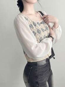 New Arrival Summer Casual Colorblock Crochet Patchwork Long Sleeve Cropped Shirt - Apricot - View 4
