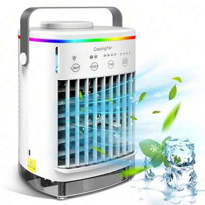 مروحة مكيف هواء محمول، 4 سرعات رياح، خزان مياه سعة 700 مل، مؤقت 2-8 ساعة، وضعيتي تبخير ولمبة ليلية 7 ألوان، مبرد تبخيري للغرفة/المكتب/المنزل/المكتب