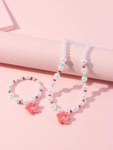 Conjunto de 2 peças com pingente de flor delicada, pérola e miçangas de vidro. Ideal para festas, escola, aniversários e como presente para meninas. Cor aleatória. - Multicolorido - Ver 7