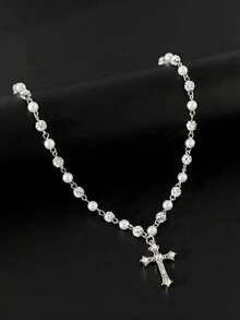 Vintage Stylish Simple Rhinestone Cross Decorated Imitation Pearl Necklace, Men's Hip Hop Punk Jewelry For Elegant Charm, Bling Necklace, Pearl Chain Necklace - 銀色 - 查看 5