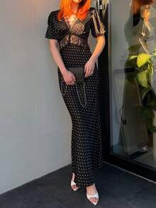 Sedessea 女士优雅复古波点短袖深V领修身蕾丝拼接连衣裙 黑色夏季 - 黑色 - 查看 5