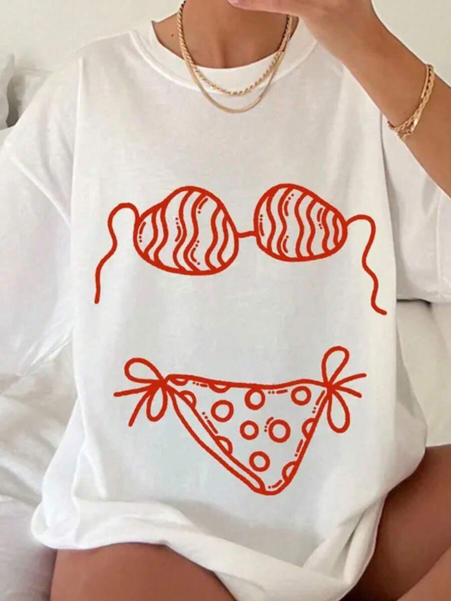 Women's Casual Bikini Print Regular Short Sleeve Round Neck T-Shirt In White Knitted Fabric With Slight Stretch - trắng - Xem 1