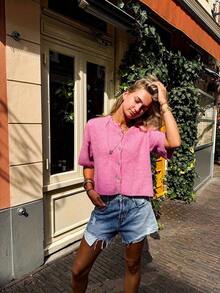 Women's Short Sleeve Cardigan, Front Button Decor, Minimalist & Fashionable Casual Style, Suitable Daily Commute, Lovely Sweater Spring - Hot Pink - View 5