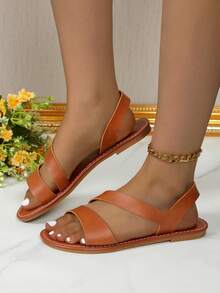 1 đôi dép xăng đan đế bằng tối giản dành cho nữ, kiểu dáng thường ngày, hở mũi, có quai kép, rất cần thiết cho việc mang hàng ngày. - màu nâu - Xem 4