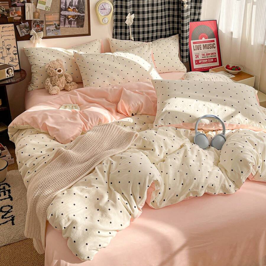 Bộ ga trải giường 2/3 món họa tiết kẻ caro thực vật, chấm bi, vải voan nhăn, gồm 1 ga trải giường và 2 vỏ gối, không kèm ruột chăn, chất liệu mềm mại và thoáng khí, phù hợp với giường đôi, giường cỡ Queen, giường cỡ King, có thể giặt máy, sử dụng được cả bốn mùa. - Hồng - Xem 1