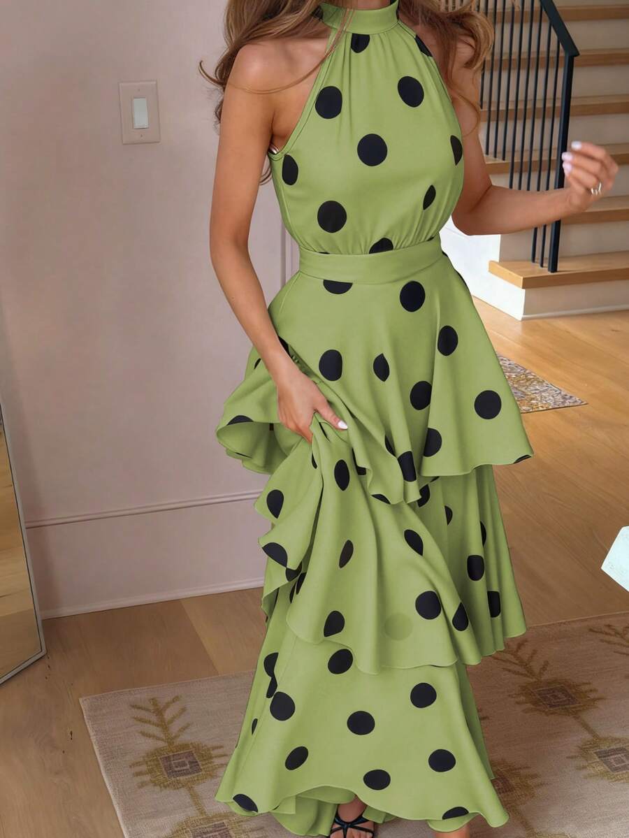 女士优雅波点无袖荷叶边叠层连衣裙，立领收腰设计，适合春夏穿着 - 青檸色 - 查看 1