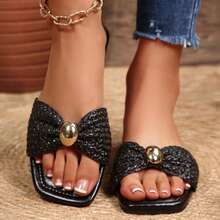 Dressy Metal Hardware Decoration Flat Sandals For Women Shoes Beach Comfort Open Square Toe Summer Casual Fashion Slides Slippers Flats - màu đen - Xem 10