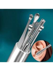 Stainless Steel Spiral Ear Wax Removal Spoon Set, Portable Ear Cleaner Tool With Keychain,School,Back To School,Travel,Travel Essentials,Home Essentials,Ear Cleaner - Multicolor - View 3