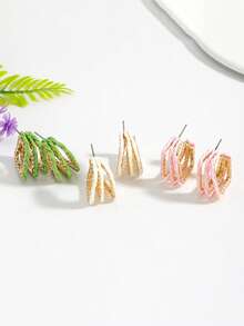 Khuyên tai vòng bằng dây xích vàng quấn sợi raffia, khuyên tai hình chữ C bện họa tiết, trang sức mùa hè đi biển dành cho nữ. - Nhiều màu - Xem 10
