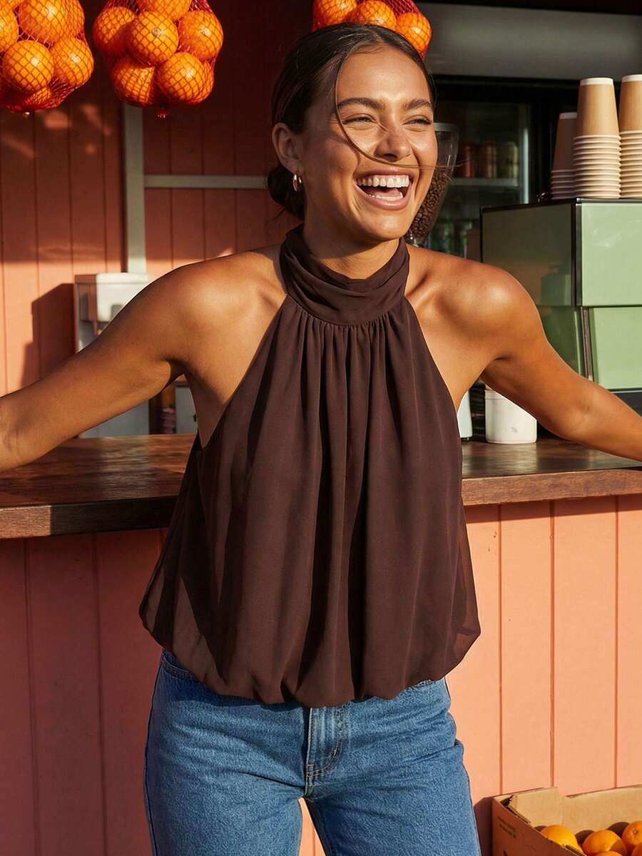 Women Cute Puffy Halterneck Top Sleeveless Open Back Tank Tops Fashion Button Neck Crop Tops Summer Y2K Loose Vest For Club Party Streetwear Going Out Outfit - 棕色 - 查看 1