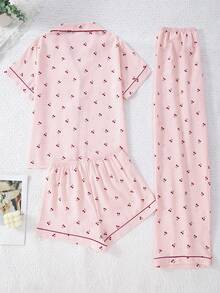 Bộ đồ ngủ nữ 3 món kẻ caro nhăn in hình quả anh đào, đồ ngủ - Hồng - Xem 2