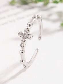 1pc Minimalist Style Luxury Niche Design Korean Unisex Micro-Inlaid Zirconia Cross Adjustable Open Ring - Silver - View 9