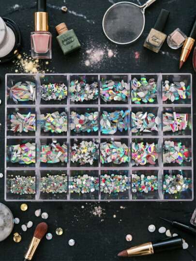 24颗AB彩平底美甲水钻，混合形状，包括心形、方形、椭圆形，用于DIY美甲装饰