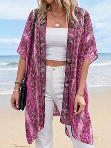 Summer Kimonos For Women Boho Floral Short Sleeve Flowy Cardigans Swimsuit Beach Cover Ups For Women - In hình hoa hồng màu hồng - Xem 5