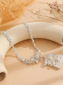 3pcs/Set White Flower Rhinestone Earrings & Necklace Set, Luxurious Wedding Jewelry Gift For Women - White - View 4