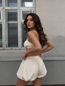 2026 Spring/Summer 3-Piece Set For Women, Striped Chic Retro Style Tube Top, High Waist Shorts, Long Sleeve Shirt, Apricot Color, Resort Wear, Beach Vacation Outfit, Y2K Style, Casual Outing Set, Holiday Matching Set, Street Fashion Elegant - Apricot - View 7