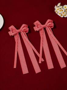2pcs Back To School Dual-Tone Plaid Bow Ribbon Hair Clips, Suitable For Daily Use - Red - View 6
