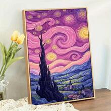 1pc Large Size 5D Round Crystal Diamond Painting, Featuring Dreamlike Starry Countryside Landscape In Van Gogh Style Brushstrokes. Handcrafted Diamond Embroidery, Therapeutic Process, Brilliant 3D Finish, Suitable For Home Wall Decor, Also An Excellent Gift Choice For Halloween And Christmas, Frameless - round diamond - View 2