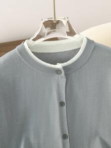 Grey Short Sleeve Knit Cardigan For Women, New Summer Design, Round Neck Color Block Versatile Casual Top, Solid Color Button Closure - Grey - View 3