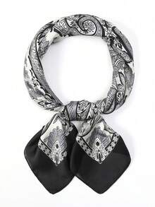 1条70*70厘米缎面印花围巾，时尚女士头巾、披肩、领巾 - 黑腰果 - 查看 2