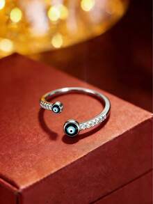 1枚可调节蓝色邪眼水钻戒指，简约百搭设计，女士款 - 開口戒指 - 查看 2