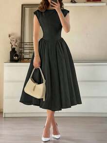 Women's Casual Elegant Vintage Romantic Long Puff Dress, Retro Waist Cinched Dress, Suitable For Wedding, Date, Outing, Romantic, Cute, French Style White Waist Cinched Dress Summer - 黑色 - 查看 2