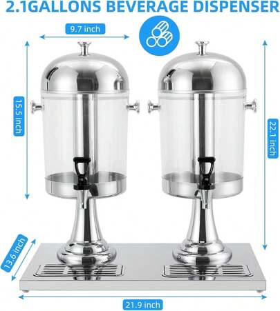 Commercial Stainless Steel Beverage Dispenser With Ice Core – 2.2 Or 4.4 Gallon Capacity – Heavy Duty Cold Drink Dispenser For Juice, Iced Tea, Lemonade – Catering Equipment With Stand