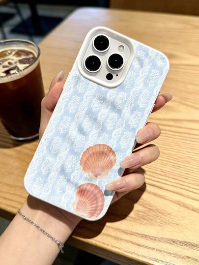 1PC Compatible With IPhone 17/16 Pro Max/15 Plus/14 Pro, Fresh & Healing, Wrinkled TPU, Phone Case, Ins Coastal Style, Lace & Scallop Shell Pattern, Full Coverage Shockproof, Precise Cutouts