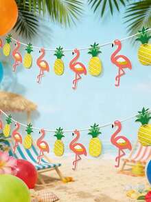 Pineapple And Flamingo Decor - Shiny Birthday Party Banner And Ribbons - Tropical Rainforest Theme Bunting - Birthday Party Decorations - Hawaiian Theme Party Supplies - Multicolor - View 1