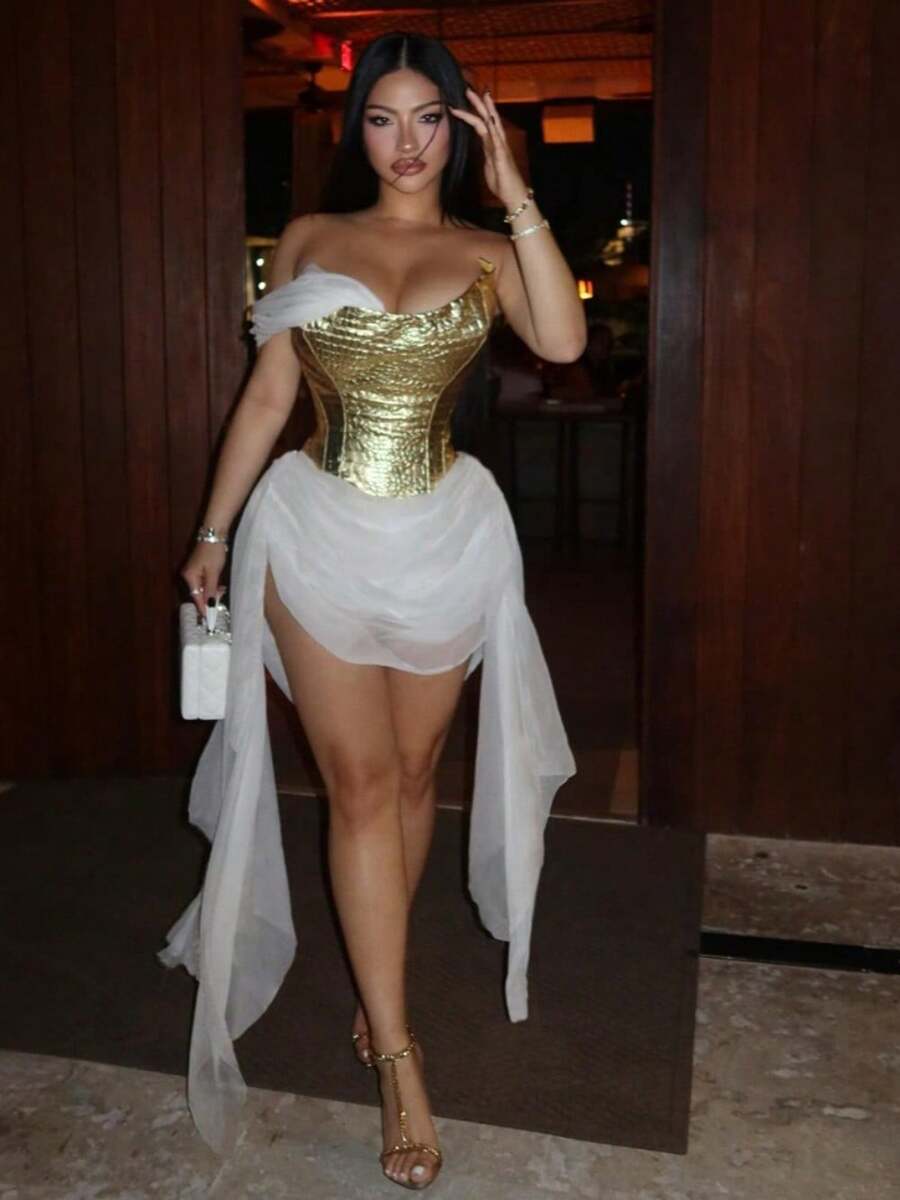 European And American Spring New Women's Clothing Gold Glossy Mesh Stitching Fashion Streamer Sexy Spice Girl Dress - 11 - Xem 1