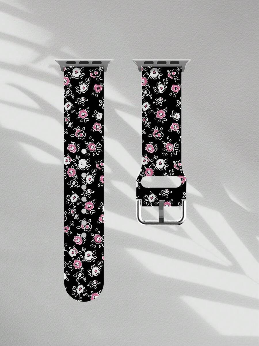 1条黑色底粉色和白色花卉图案柔软弹性透气替换表带，适用于三星、荣耀智能手表，尺寸可选38mm、40mm、41mm、45mm、44mm、42mm、46mm、49mm，日常及节日礼物之选。花卉图案时尚休闲硅胶表带，兼容 Ultra SE/11/10/9/8/7/6/5/4/3/2/1。 - 彩色 - 查看 1