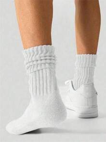 5/10 双装简约休闲白色柔软中筒袜，舒适袜，船袜 - 白色 - 查看 2
