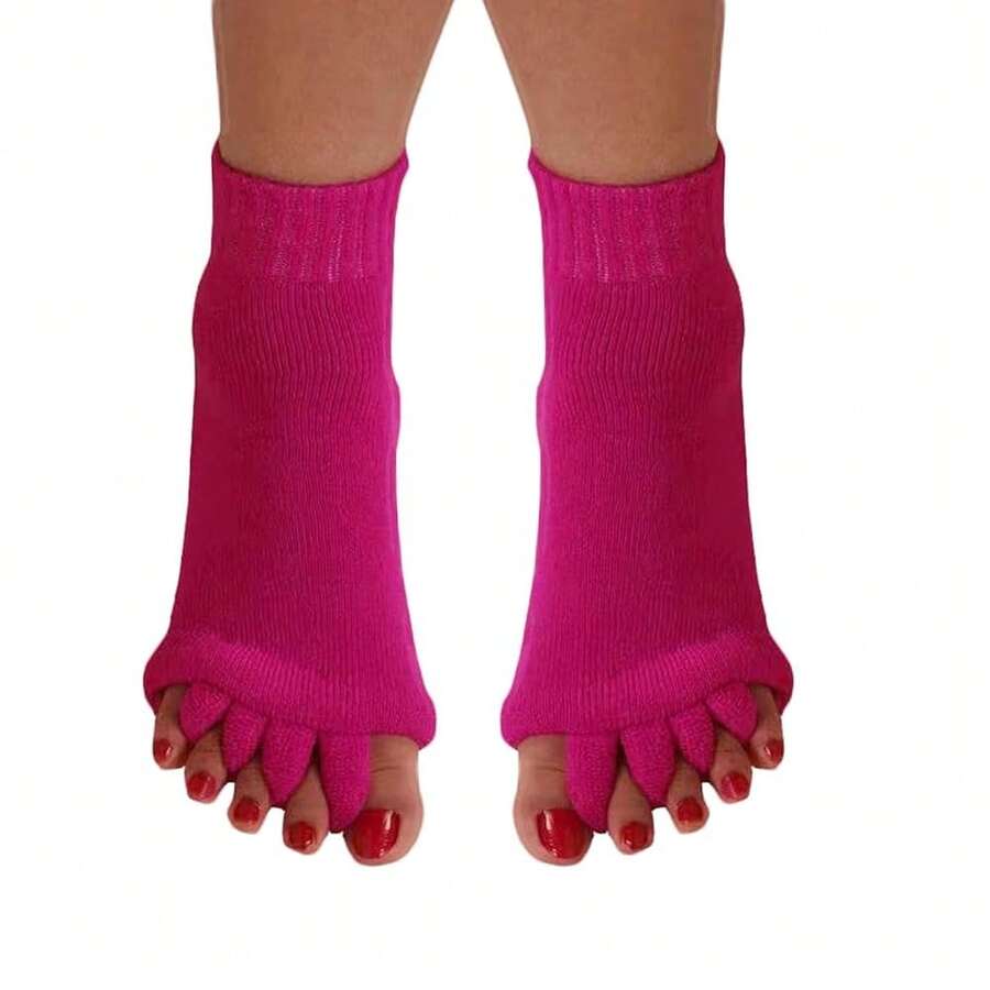 Women Toe Separator Socks Toeless Foot Alignment Socks For Yoga GYM Massage Pain Relief Improves Circulation Stretchy - RoseRed - View 1