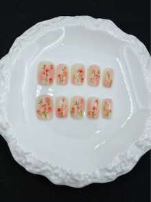 10片手工美甲贴纸，粉色短梯形，香氛法式美甲贴纸，美甲贴花，适合新年、情人节、UV凝胶美甲、夏季，可佩戴美甲，优雅设计，高端法式风格，凝胶指甲油，闪粉，猫眼效果按压式美甲贴片 - 粉色 - 查看 6