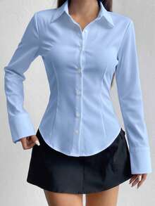 Women's Spring/Autumn New Slim Fit Long Sleeve Collared Button-Up Shirt, Minimalist Fashion Elegant Casual Essential - Baby Blue - View 3