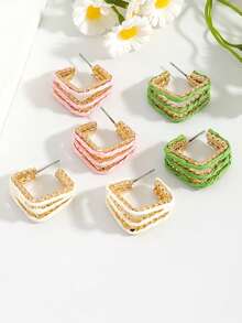 Khuyên tai vòng bằng dây xích vàng quấn sợi raffia, khuyên tai hình chữ C bện họa tiết, trang sức mùa hè đi biển dành cho nữ. - Nhiều màu - Xem 8