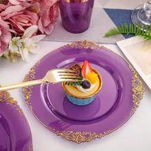 100-Piece Purple Disposable Plastic Tableware Set With Gold Floral Patterns; Reusable; Serves 20 Guests; Perfect For Birthday Parties, Holiday Gatherings, Weddings, Party Supplies, And Catering Equipment-Valentine's Day, Graduation Season, World Cup - View 6