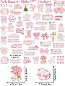 50张粉色蝴蝶结贴纸，印有圣经经文，透明PET材质，适用于水瓶、笔记本电脑、行李箱、剪贴簿、日记本、手机等。 - 新款 - 查看 3