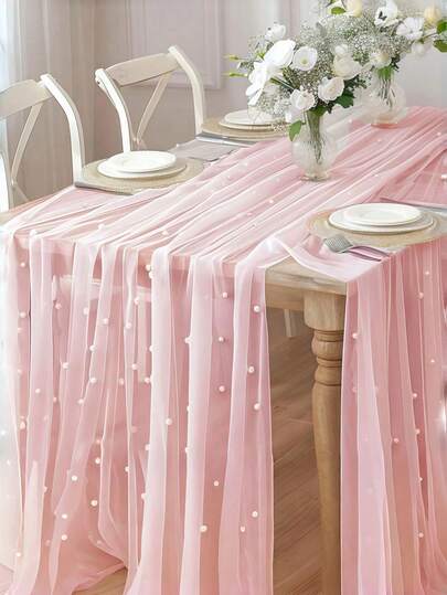 1pc Elegant Faux Pearl Decor Table Runner, Pink Pearl Chiffon Wedding Table Cloth, Wedding Arch Decor, Bridal Shower, Party Decor, Chair Sash, Event Backdrop, Christmas, Romantic Pearl Lace Table Runner, Wedding Arch Decor, Bridal Shower Gift, Banquet Tablecloth, Embroidered Transparent Anti-Wrinkle White Dessert Table Cloth